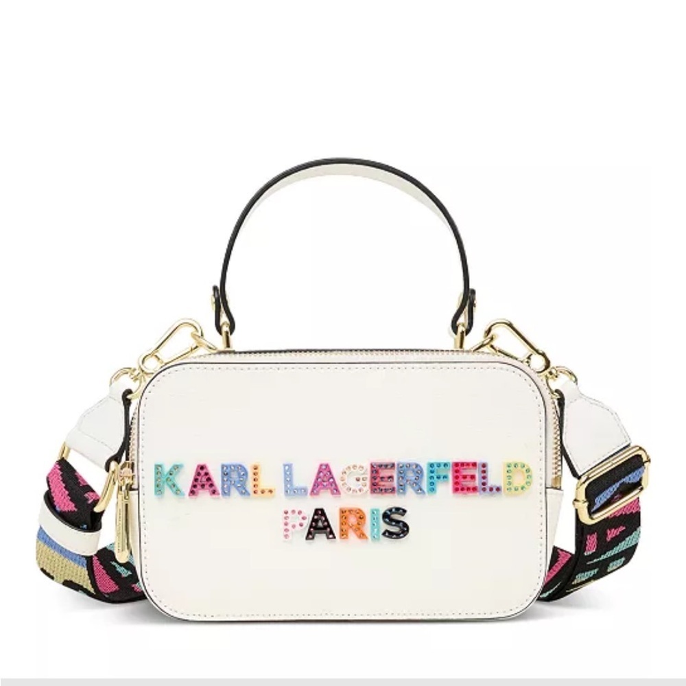 NWT Karl Lagerfeld Simone Lunchbox Double zip Crossbody Bag pebble white leather